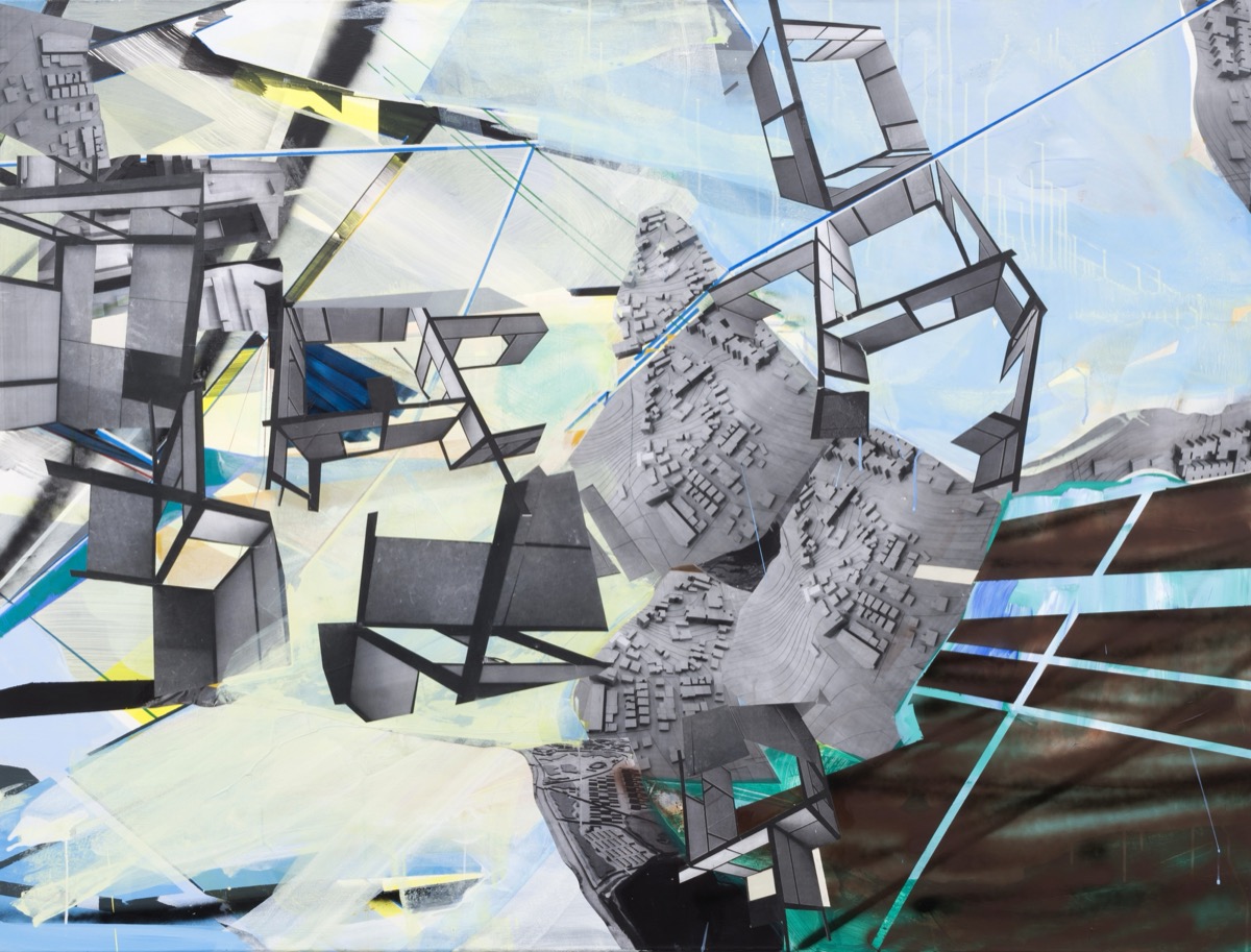 Zersplitterter Raum, 130 cm x 170 cm, Acryl, Lack, Papier auf
          Leinwand, 2014